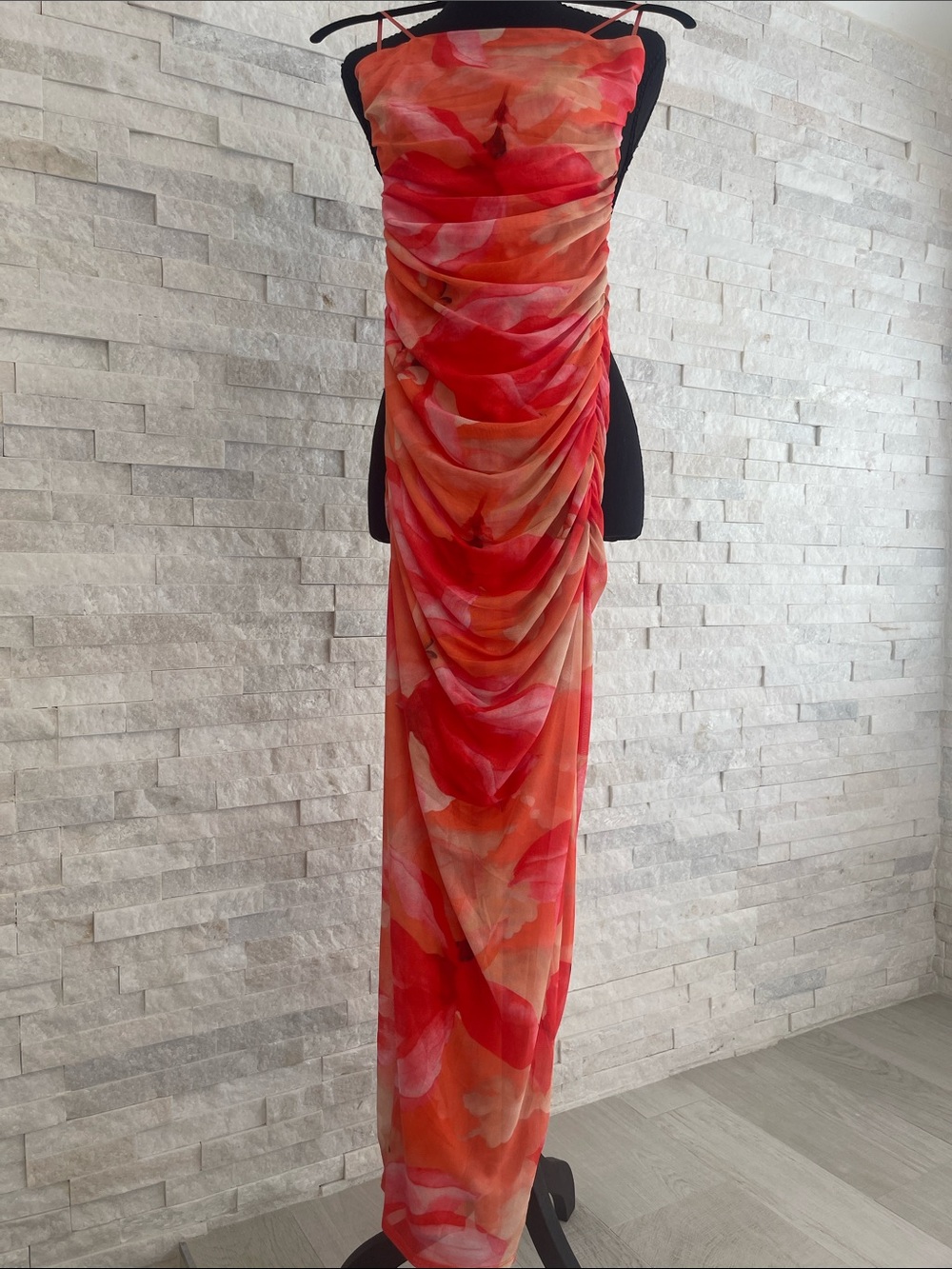 Ruched Strapless Sheer Maxi Dress in Red-Orange Watercolor